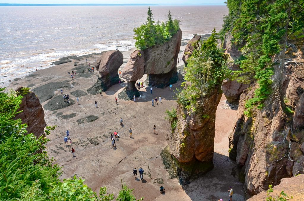 Tourists exploring Hopewell Rocks at low tide.