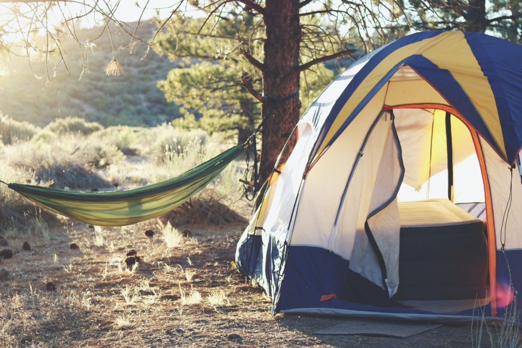 A camping tent with camping gear set up at Chignecto Campgroun in Fundy National Park